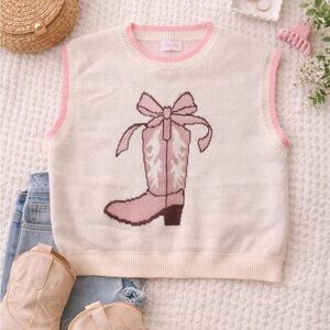 Pink Lily Cream Pink Western Boot Sweater Vest Medium